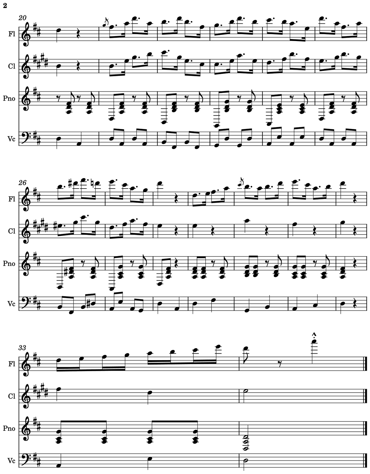 A page of Skipping Along: flute, clarinet, piano and cello on four staves in D major.